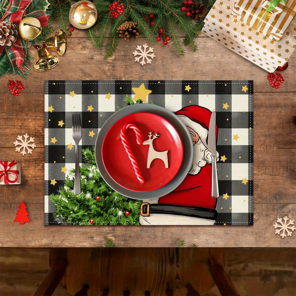 4/6pcs Festive Santa Claus Christmas Tree Placemats, 12x18 Inch, Polyester, Buffalo Plaid with Stars, Washable, Rectangular, for