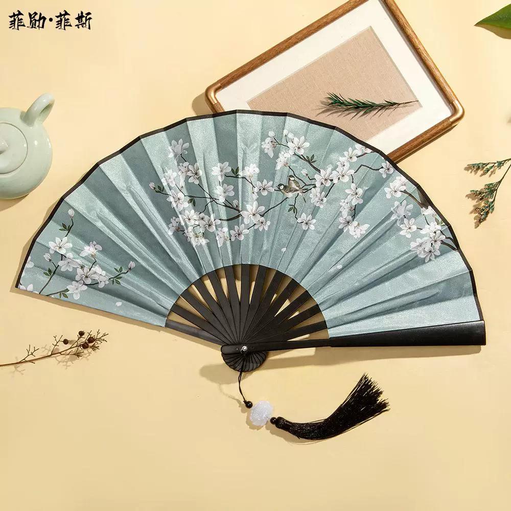 Hanfu Fan for Boys, Chinese Style 8inch Plastic Fan with Tassel Pendant, Trendy Folding Fan for Children, Silk Cloth, Ancient Style, Tear-Resistant