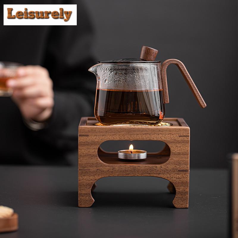 Set Scaldino Quadrato in Legno di Noce Teiera con Manico Laterale in Vetro per la Casa Base Riscaldante per Infusione Tè Bollitore per Tè Cerimonia del Tè Kung Fu