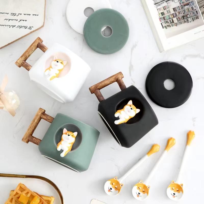 420ml Shiba Inu Pattern Ceramic Coffee Mug Cute 3D Design with Lid Spoon Cartoon Milk Tea Cup for Girls Creative Breakfast Gift