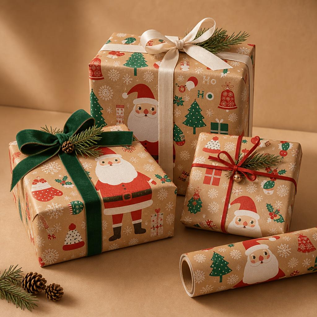 2rolls Classic Vintage Santa Claus Snowflake Pattern Thickened Kraft Leather Gift Wrapping Paper Roll, Natural Color Holiday Gift Paper