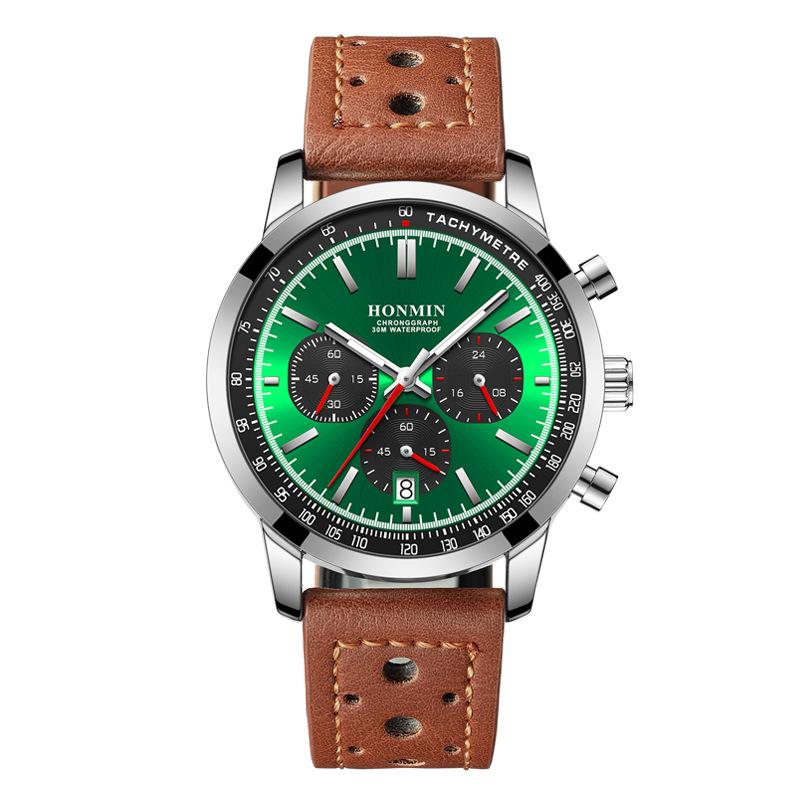 Multifunktions-Sportuhr Herren Luxus Chronograph Kalenderuhr Mann Leder Wasserdicht Leuchtende Armbanduhren