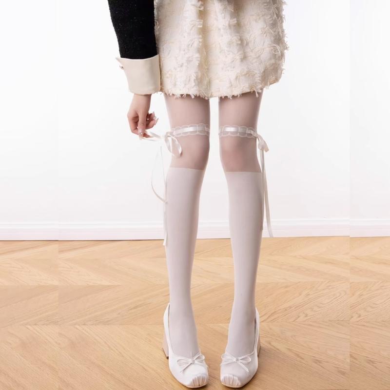 Women Japanese Style JK Sweet Ribbon Bowknot Silk Tights Stockings Sweet Crisscross Ties Bandages Spliced Pantyhose