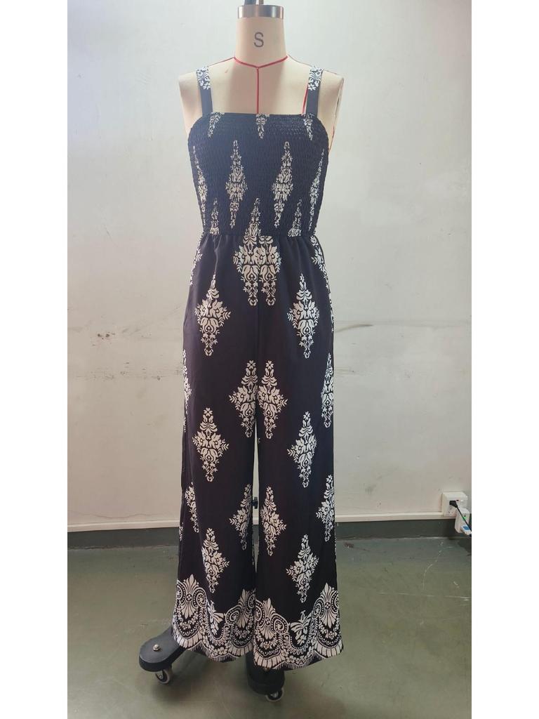 2026 Sommer Damen Jumpsuit mit Aufdruck, Trägern, Tasche, gerafftem Oberteil und weitem Bein