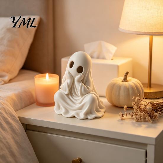 Compact Ghost Statue for Home 3D Printed Halloween Figurine, Cute Chin-Resting Spooky Desk Decor, White Black Figures Funny Ornament Party And