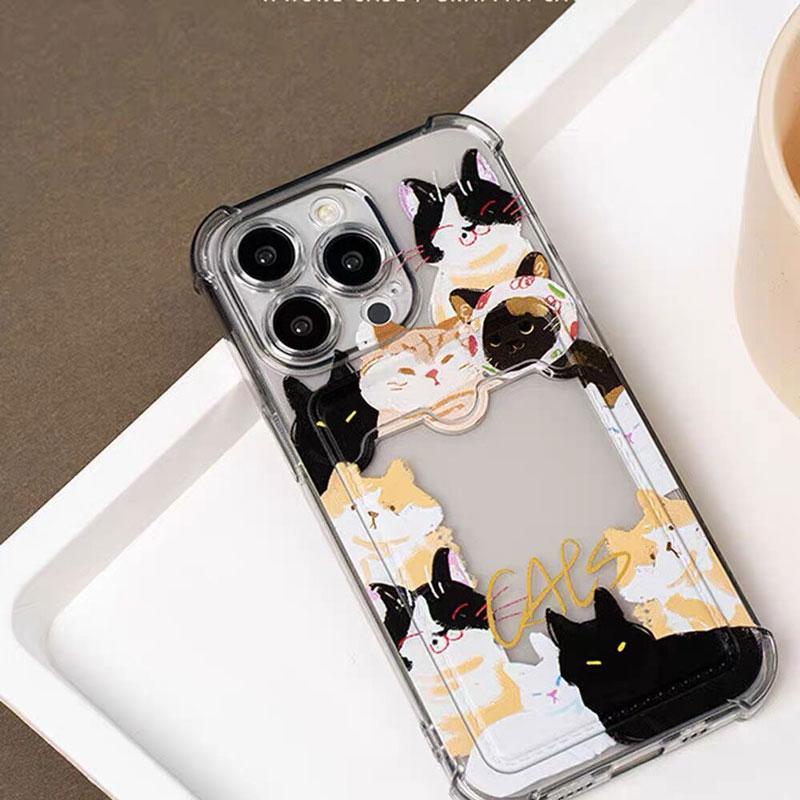 

Lovely Cats Pattern Card Pocket Phone Case For iPhone 16 15 14 13 12 11 Pro Max XR XS 7 8 Plus Shockproof Transparent Back Cover iPhone 14 Pro