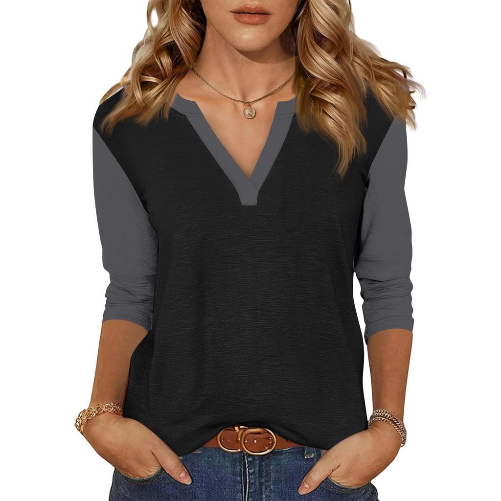Women's Casual Fashion Sexy Comfortable V-neck Stitching Color Three-quarter Sleeve Top