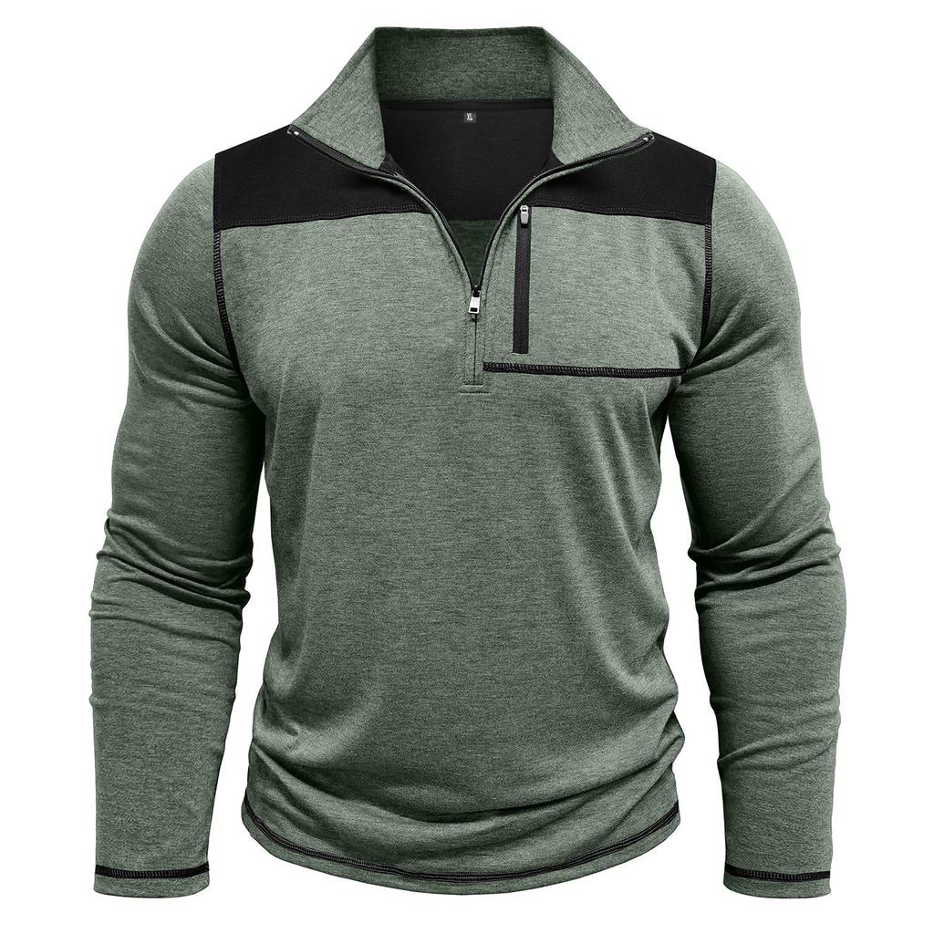 Men’s Tops Stand Collar Long Sleeves T-Shirts Contrasting Color Sweatshirts Zip Up Chest Pocket Autumn Spring Casual Sports Wear