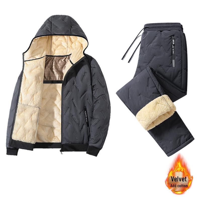 Men's Lambswool Winter Hooded Jacket and Cotton Pants Set - Plus Velvet, Thick, and Large Size.