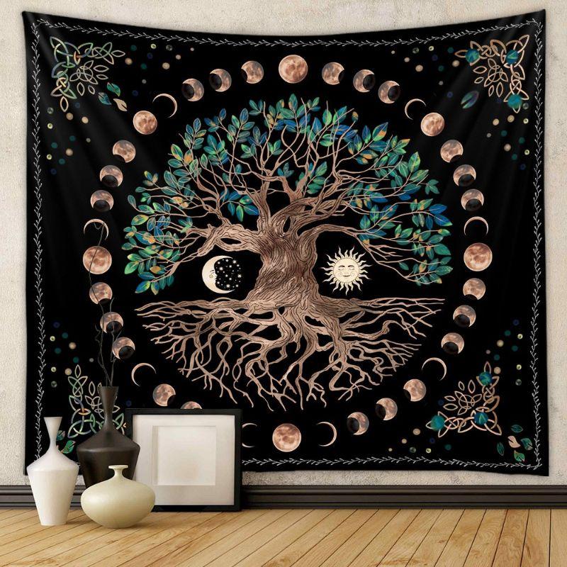 Moon Phase Floral Crystal Wall Tapestry Black Background Lunar Cycle Potted Plant Gemstone Hand Mushroom Butterfly Occult