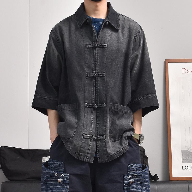 

2024 Мужская ретро-рубашка из денима в японско-китайском стиле с пуговицами - свободный повседневный топ с коротким рукавом в тренде XXL чёрный