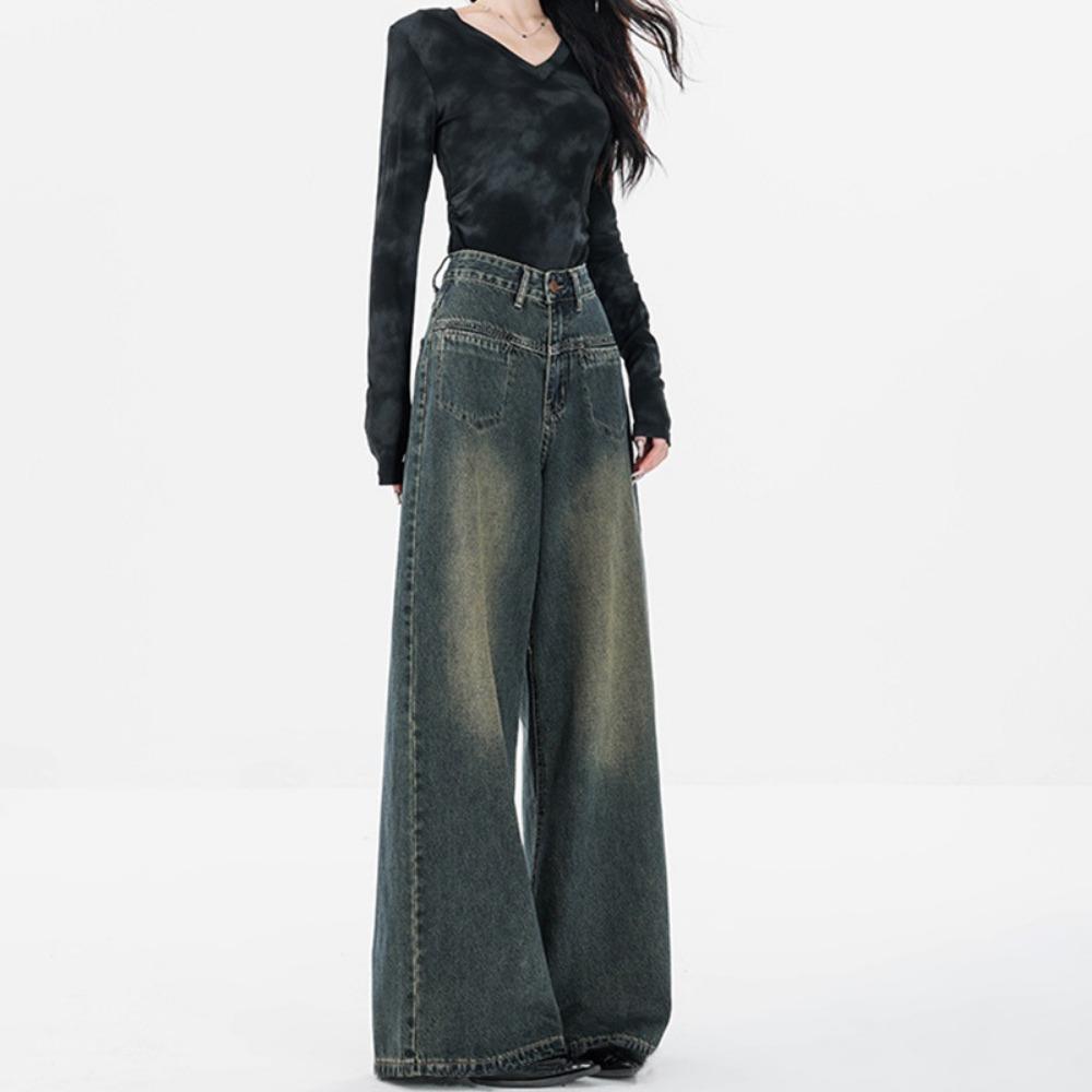 Spring and Autumn New Hong Kong Style Design Sense High Waist Wide Leg Jeans Women's Loose Straight High Mopping Jeans