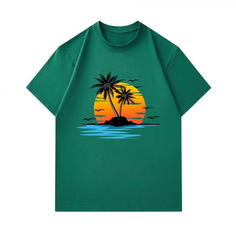 Men's 100% Cotton Crew Neck Short Sleeve T-Shirt, Casual Palm Tree Island Sunset Seagull Print Summer Beach Holiday Comfortable Loose Fit Tee for Dail