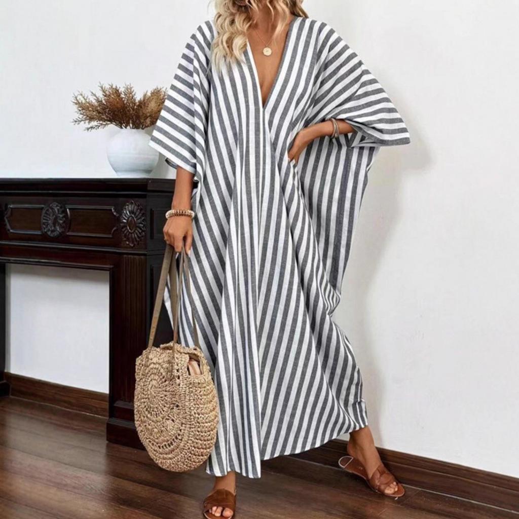 Women's Fashionable Loose Casual V-neck Striped Long Resort Dress
