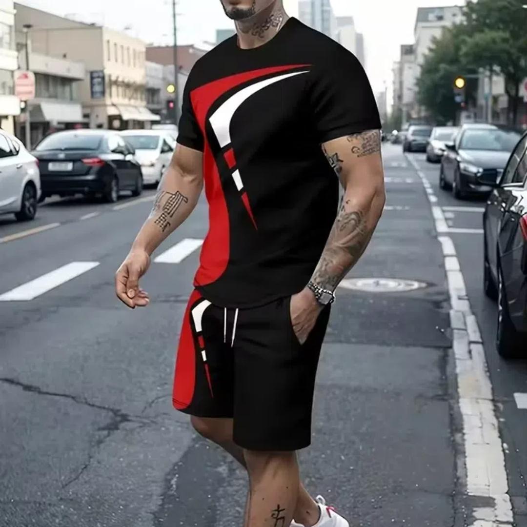 

Летний уличный мужской костюм с короткими рукавами, повседневный, повседневный, модный, с короткими рукавами, для активного отдыха, спортивные шорты, новаторский полосатый принт XL