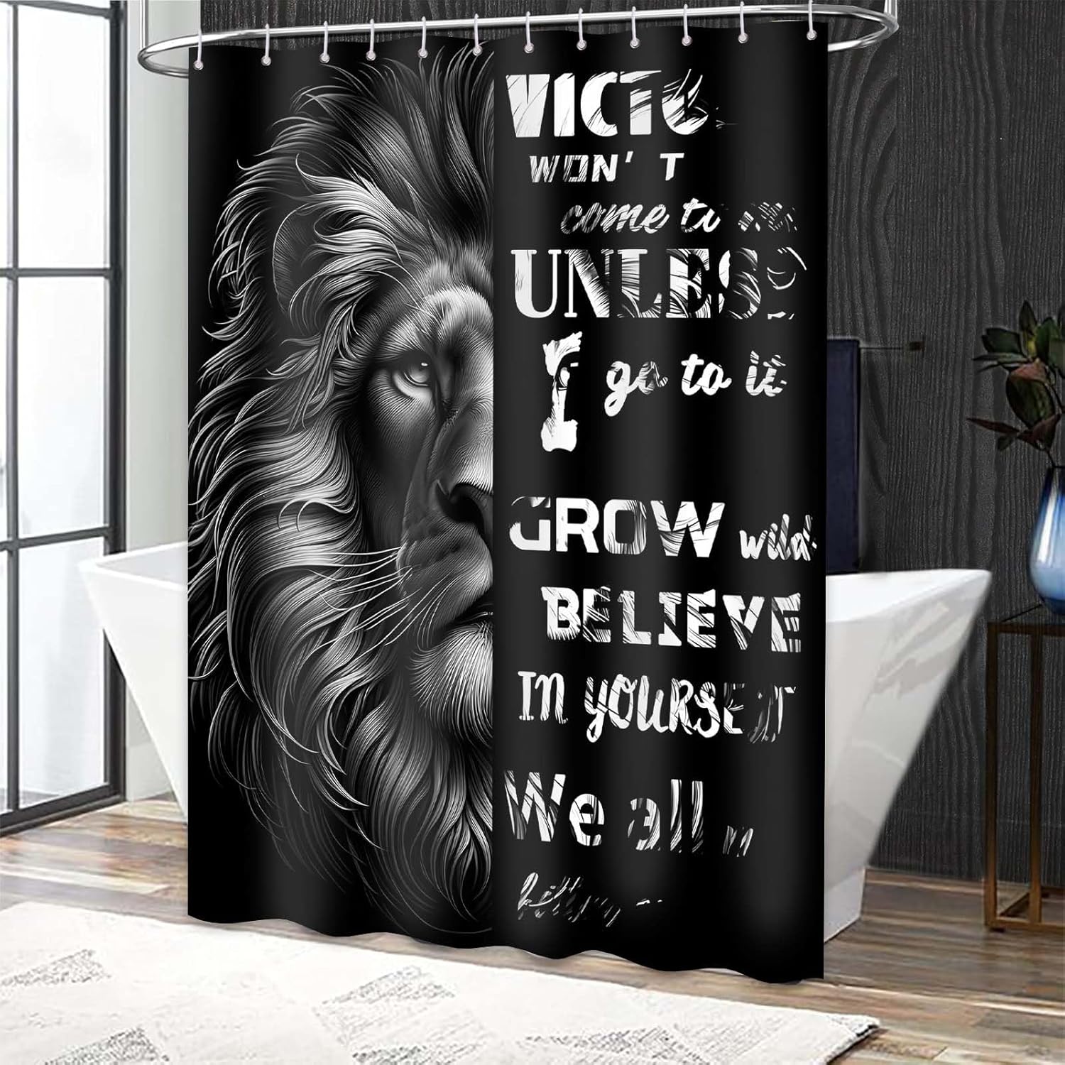 Lion Shower Curtain Black, Inspirational Shower Curtain Motivational Positive Affirmations Quotes Cool Mens Bathroom Decor, Wate 90x180cm