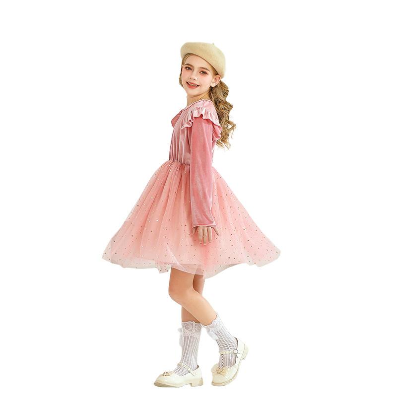 Girls long-sleeved foreign party dress princess dress performance dress children's clothing star mesh dress