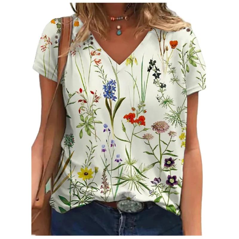 Summer V-neck Flower Pattern 3D Printed Top Fashionable Casual Short Sleeved Women's T-shirts