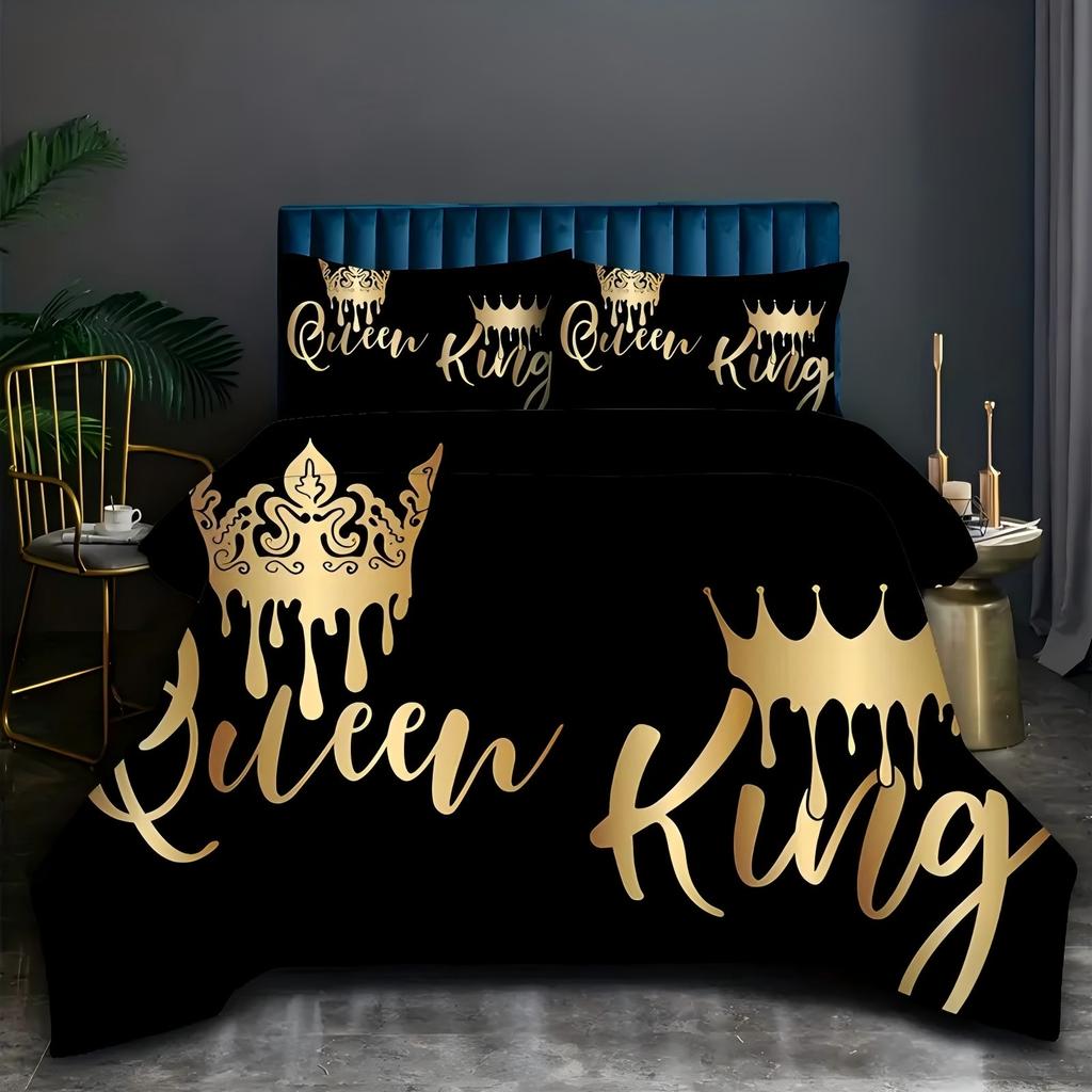 King Queen Letters Pattern 3D Printed Quilt Cover Set Couple Style Bedding Set Home Textiles Comfortable Duvet Cover Pillowcase