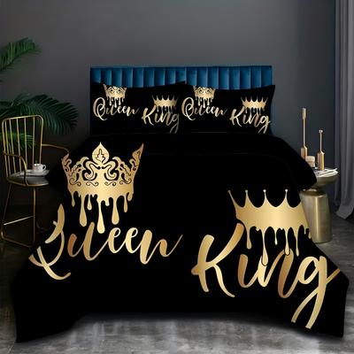 King Queen Letters Pattern 3d Printed Quilt Cover Set Couple Style Bedding Set Home Textiles Comfortable Duvet Cover Pillowcase