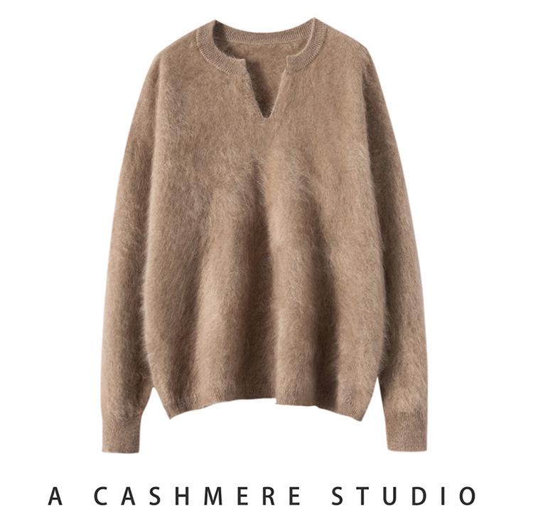 2026 Autumn/Winter Korean Style Loose V-Neck Cashmere Sweater - Women's Slimming Warm Scissor Design
