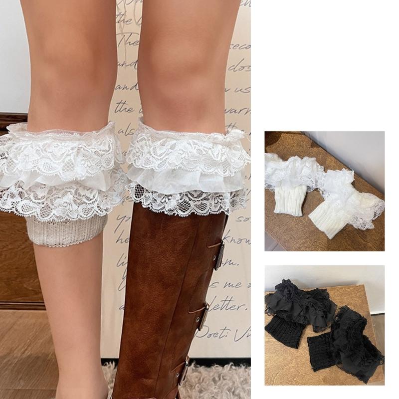 1 Pair Stretch Lace Boot Cuffs Leg Warmers Socks Toppers Cuff for Womens, Knit Solid Color Crochet Cuffs Socks