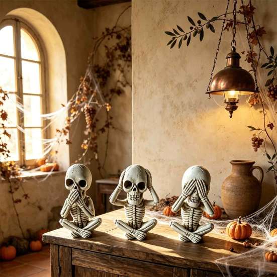 Funny Skeleton Figurines for Fireplaces 3 Pcs Halloween Statue, Hear No See Speak Table Decorations Evil Figurines, Gothic Craft Ornament Home