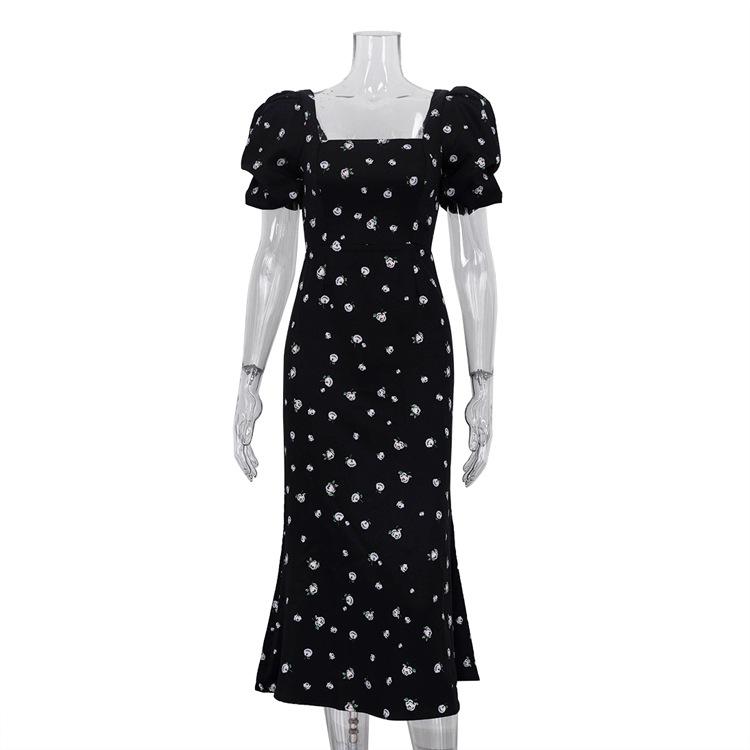 

women s ditsy floral puff sleeve square neck mermaid dress high waist bodycon midi gown S тёмно-синий