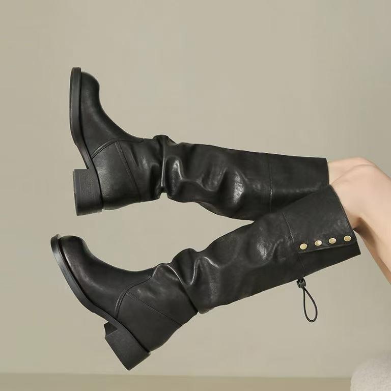 Cowhide Version~ Genuine Leather Platform Two Through Knee Boots Women's Retro Thick Heel Stacked Boots Western Cowboy Boots Knight Boots