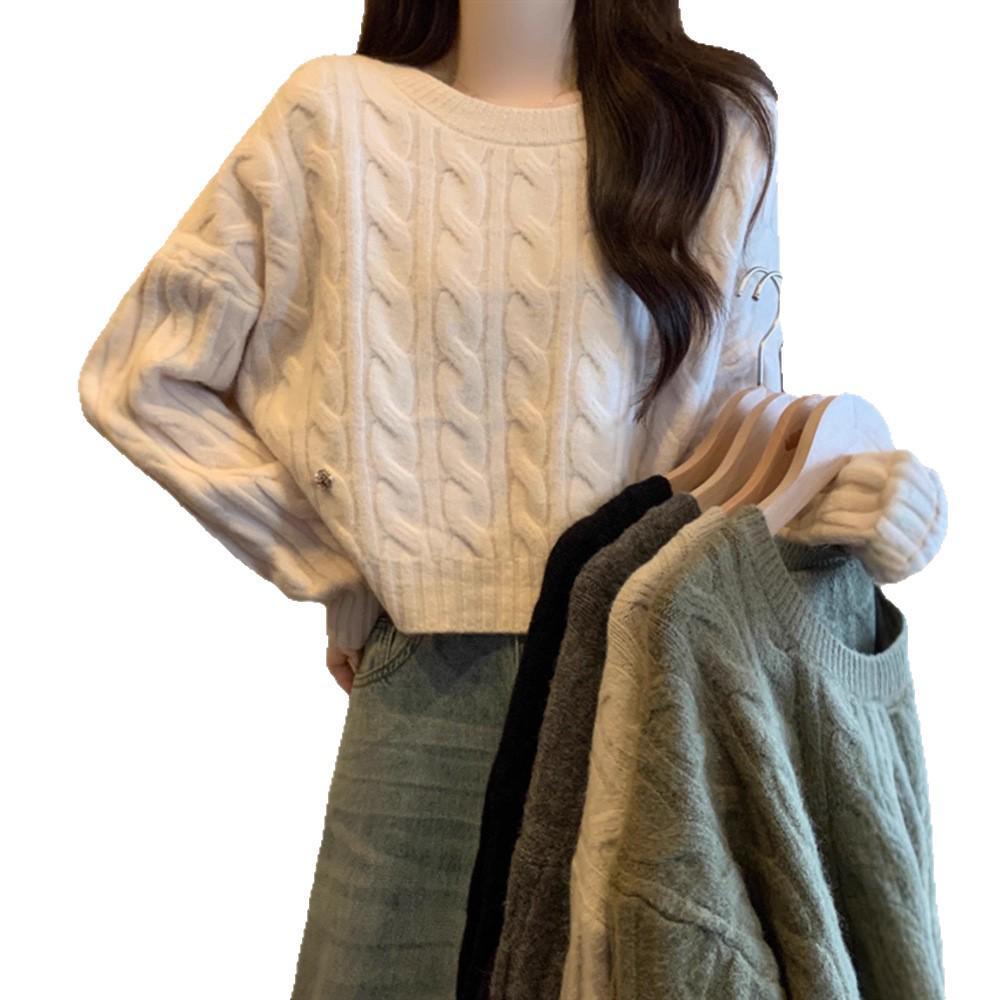 Women's Round Neck Cable Knit Sweater - Soft, Lazy Style for Spring & Autumn