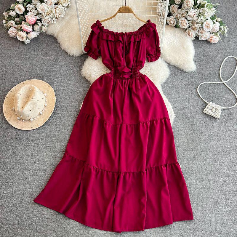 

Off-the-Shoulder Socialite A- line Dress Seaside Vacation Short Sleeve Fuchsia All yards