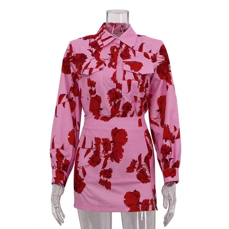

European and American Fashion Print Lapel Long sleeve Shirts Short dress Set Printed Shirt and Skirt Set Pink L