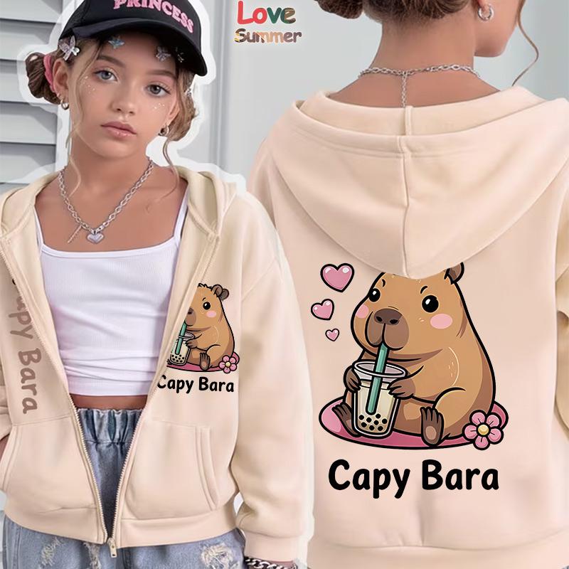 Girls Trendy Capybara Letter Casual Hoodie Spring Autumn Zip Up Hooded for Girls Parties Home Wear Outdoor Sports Ideal Gift