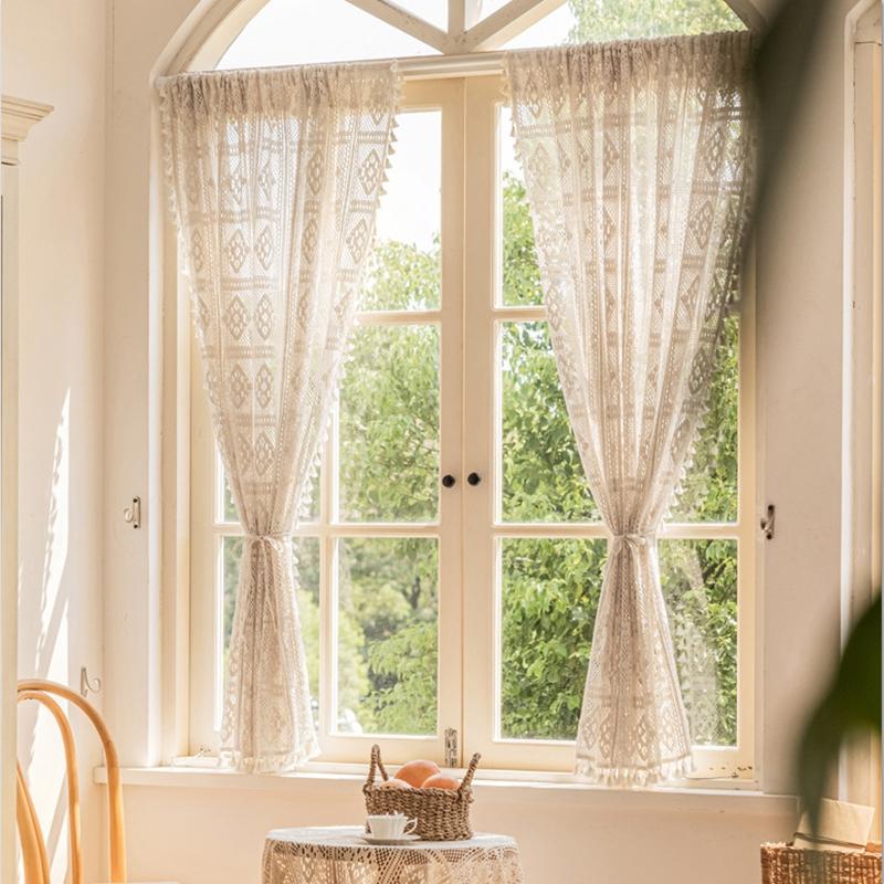 Cotton Crochet Hollow Woven Curtain American Pastoral Retro French Country Cotton Linen Lace Fringed Bedroom Gauze Curtain