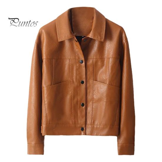 

Женская куртка из искусственной кожи с гладкой поверхностью, отложным воротником, однобортная, с длинными рукавами и карманами, ретро-пальто для мотоцикла, офиса, поездок на работу, путешествий, верхняя одежда L коричневый