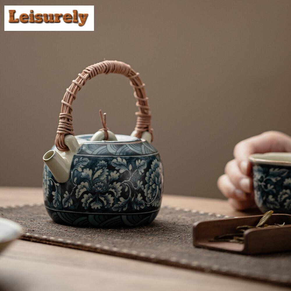 210ML Chinese Ru Kiln Vine Woven Beam Teapot Retro Blooming Flower Pot Handmade Tea Soaking Kettle Teaware Accessories Gift
