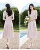 French elegant square neck basic simple commuting style waist cinched diagonal cool dress