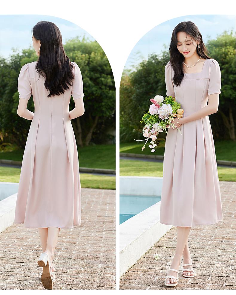 French elegant square neck basic simple commuting style waist cinched diagonal cool dress