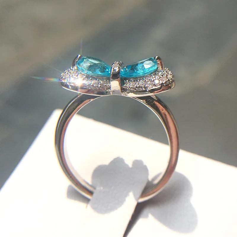 Simple  Sterling Silver Blue Bowknot Mosaic Cubic Zirconia Wedding Rings for Women  Girlfriend Gift Anillos Mujer