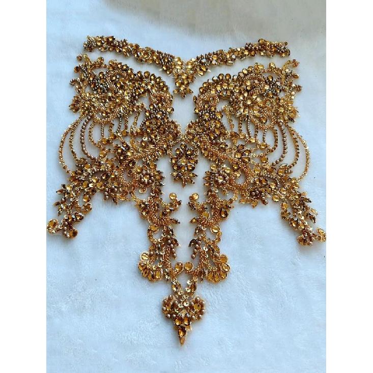 Handmade red/Blue/Gold/Green Rhinestones Lace Bodice Applique Sewing Beads Crystal Trim Patches Accessory for Dress Clothes (Light Champagne)