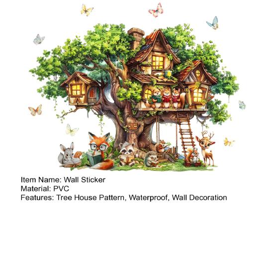 Tree House Animal Wall Sticker Self-adhesive Waterproof PVC Spring Forest Treehouse Sticker Home Office Living Room Bedroom Wall Decoration Decal