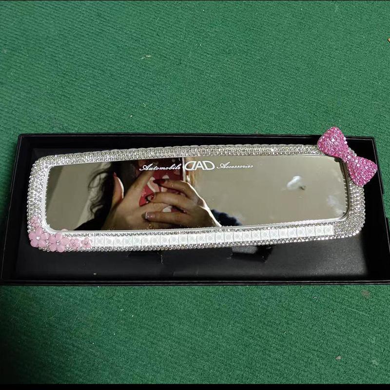 Fashion Rhinestone Bowknot Car Interior Mirror Decor Women Crystal Diamond Rear Mirror Ornament Car Mirror Accessories