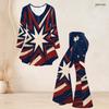 Women Plus Size Two Piece Set V Neck Long Sleeve Star Printed Flared Top And Flared Pants White Red Blue