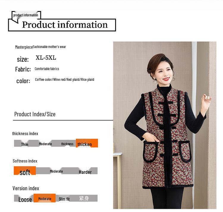Ethnic-Style Autumn/Winter Velvet Mid-Length Tang Suit Vest for Middle-Aged and Elderly Women