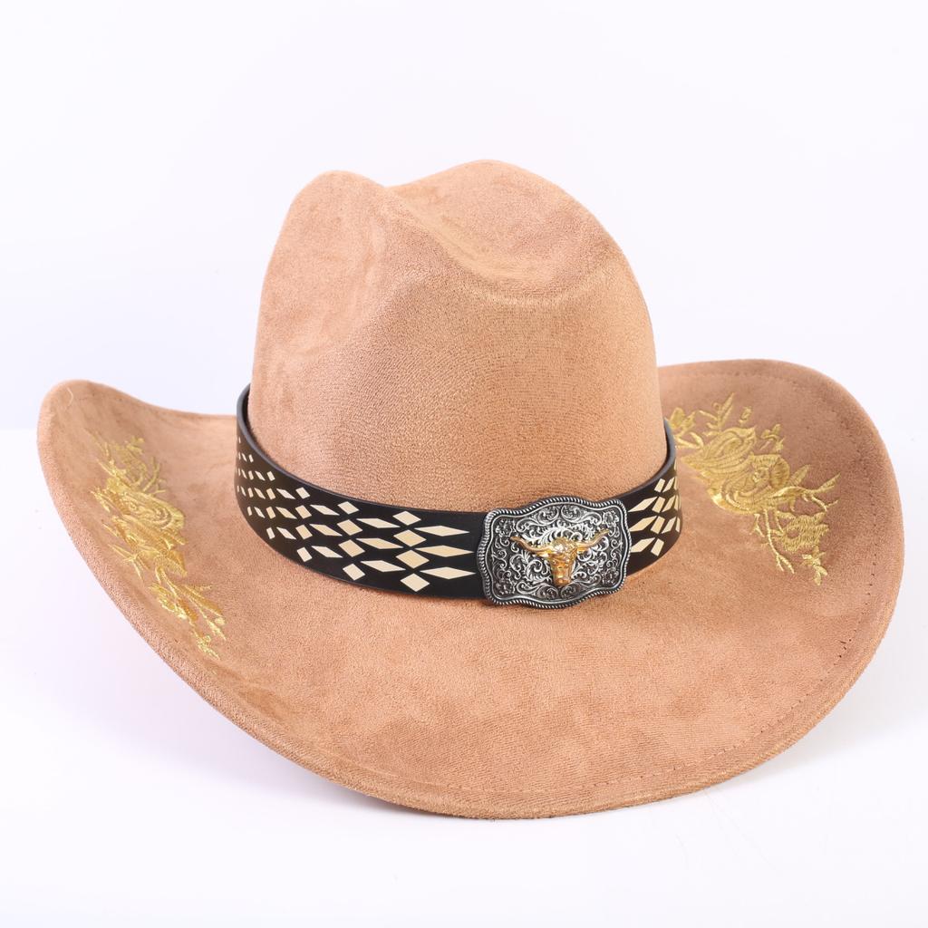 Popular European and American Classic Suede Western Cowboy Hat Men's and Women's Big Brim Embroidered Outdoor Sun Hat