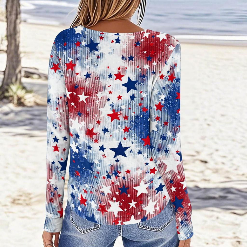 Women's Fashionable Casual Long-Sleeved Independence Day Print Neck Top