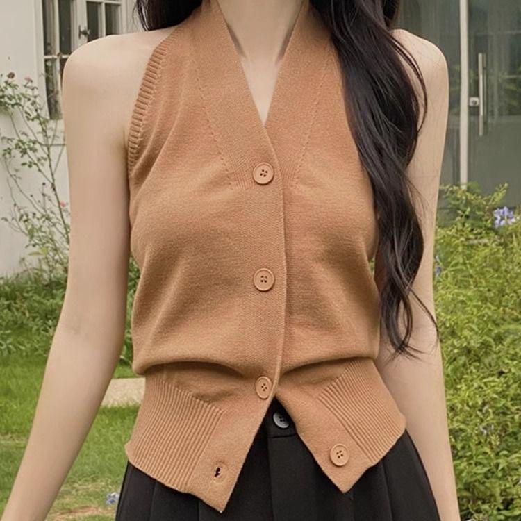 

Вязаный жилет на бретелях с V-образным вырезом в стиле ретро: Сладкий и пикантный топ без спины для женщин 2XL верблюд