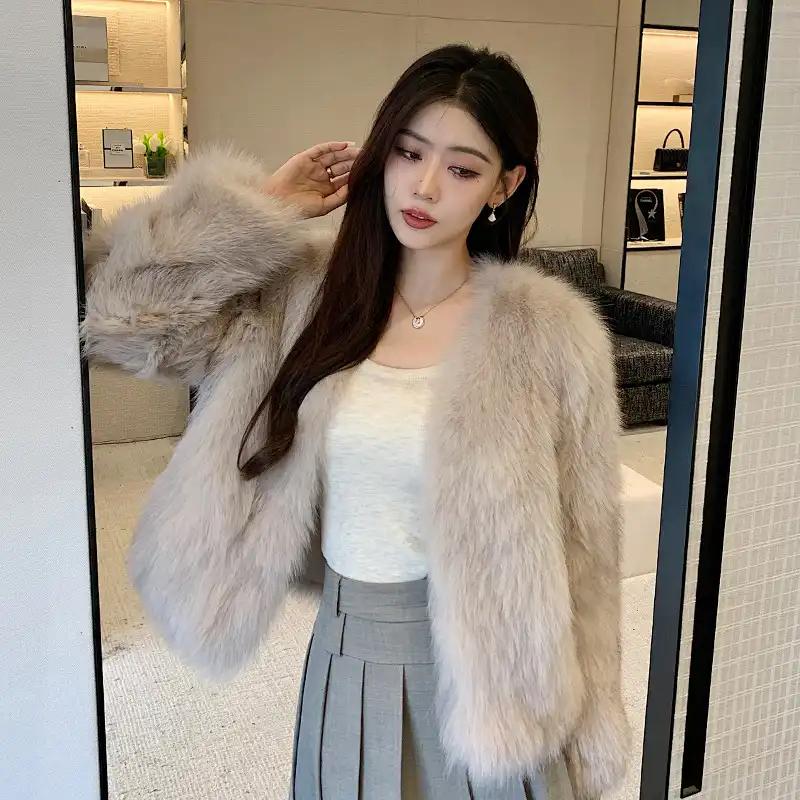 Women's Cropped Beige Faux Fox Fur Coat V-Neck Warm Winter Jacket Casual Streetwear