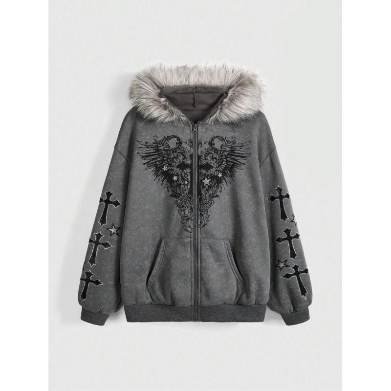 Womens Gothic Style Hooded Zip-Up Sweatshirt With Cross Wing Print Fleece Lined Collar Fall Winter Streetwear