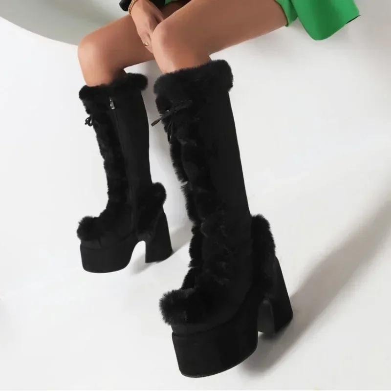 Nuevas botas de nieve de invierno para mujer, plataforma con cuña y tacón alto, zapatos de piel sintética para mujer, botas de media pantorrilla cálidas y antideslizantes de felpa, zapatos góticos